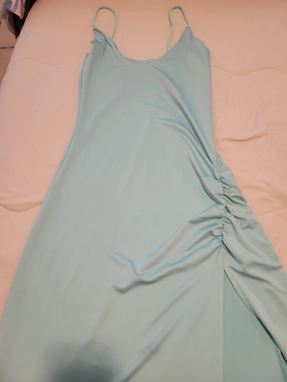 Musera Asymmetrical Light Blue Spaghetti Strap Ruched Side Dress